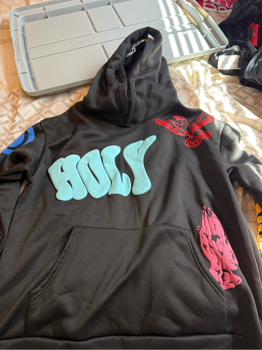 Black Hoodie with Aqua "HOLY" Logo and Pink/Red Graphics